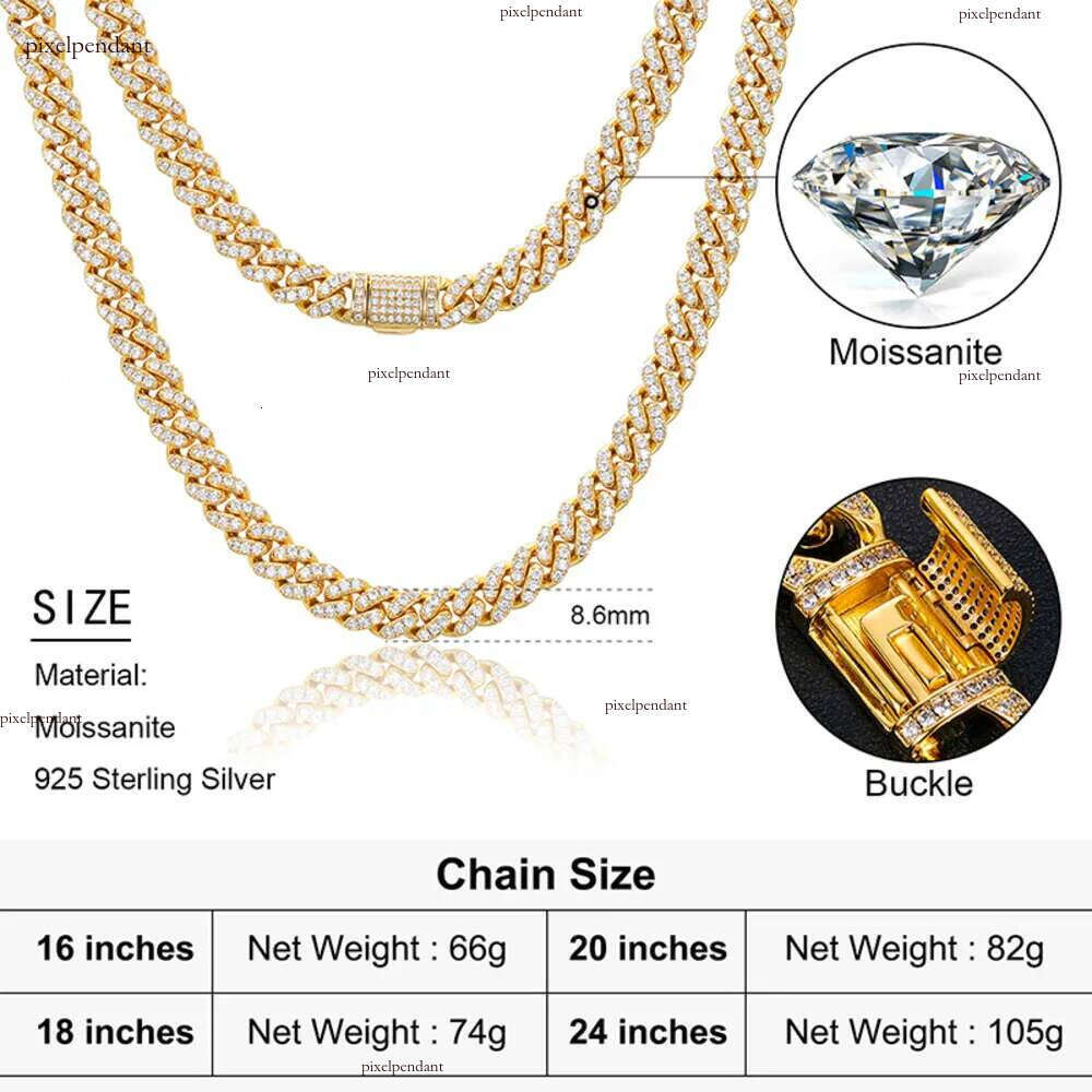 Dropshipping Punk Men Jewelry 8mm Gold Plated Sterling Sier VVS Moissanite Dia Iced Out Cuban Link Chain Necklace