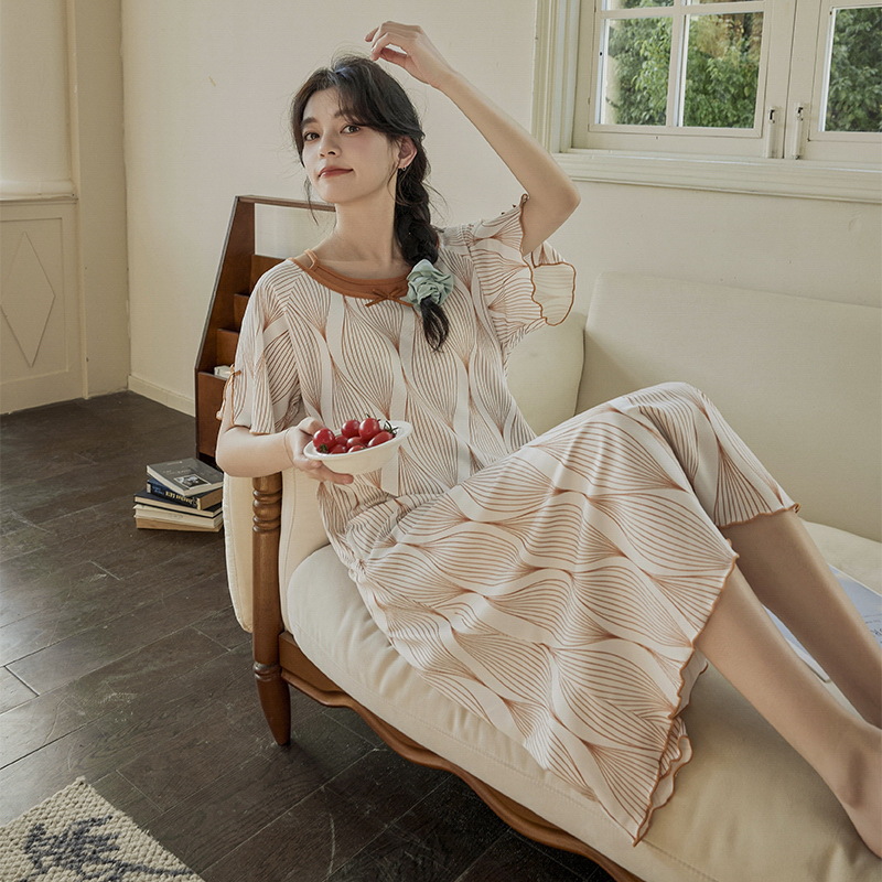B998-New cool ice silk nightdress for women summer with chest pad short sleeves sweet cartoon mid-length pajamas skirt