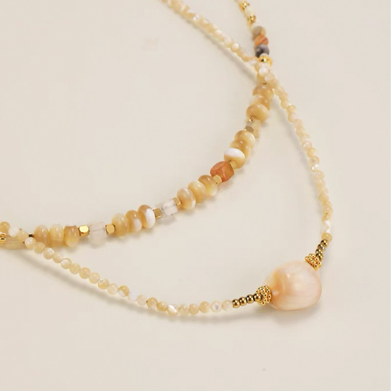 Artisan Brass Layering Necklace Textured Hoof Pendant with Natural Stone Beads