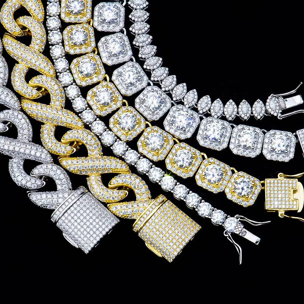 Bling Jewelry Iced Out Big Size square Marquise Clustered Moissanite Diamond Tennis Chain Bracelet Necklace Setting