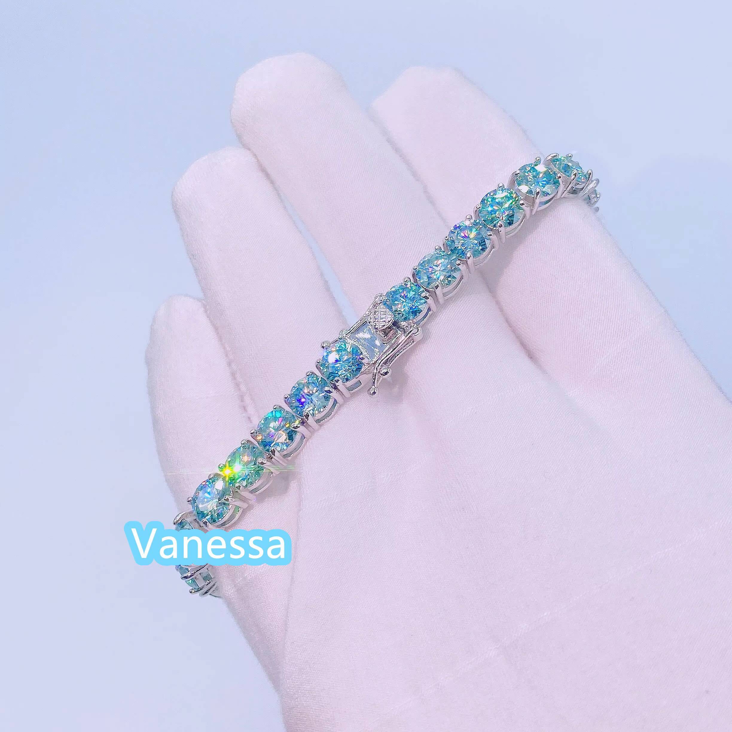 Hot Sale Summer Color Blue Green Moissanite Tennis Necklace S925 Sterling Silver Tennis Bracelet Blue Moissanite Tennis Chain