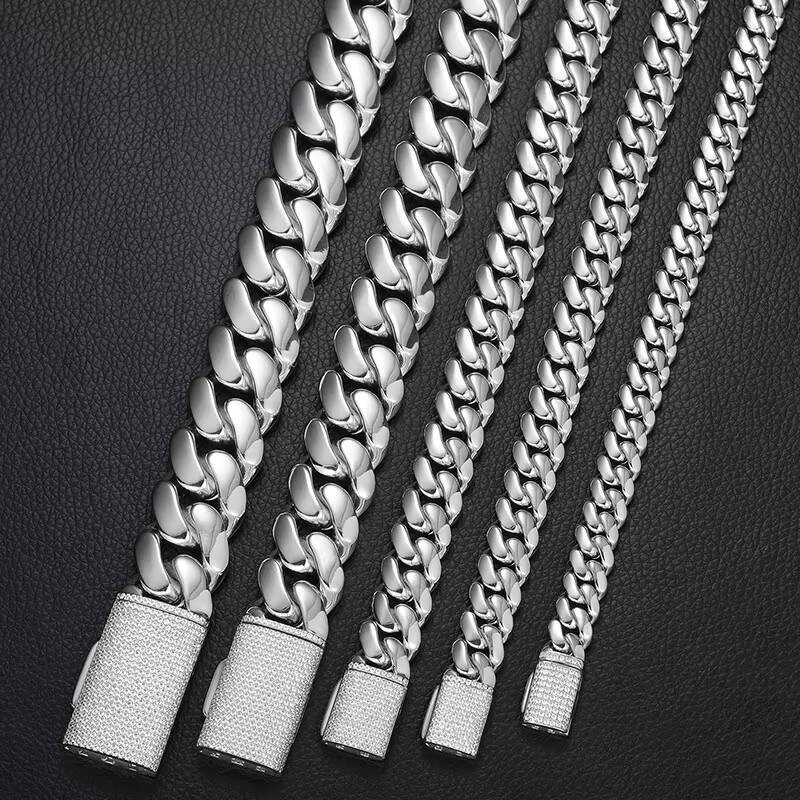 Wholesale Choker White Gold Plated Cuban Link Chain 10mm-25mm Heavy Solid Brass Miami Cuban Chains Bracelet Necklace for Men
