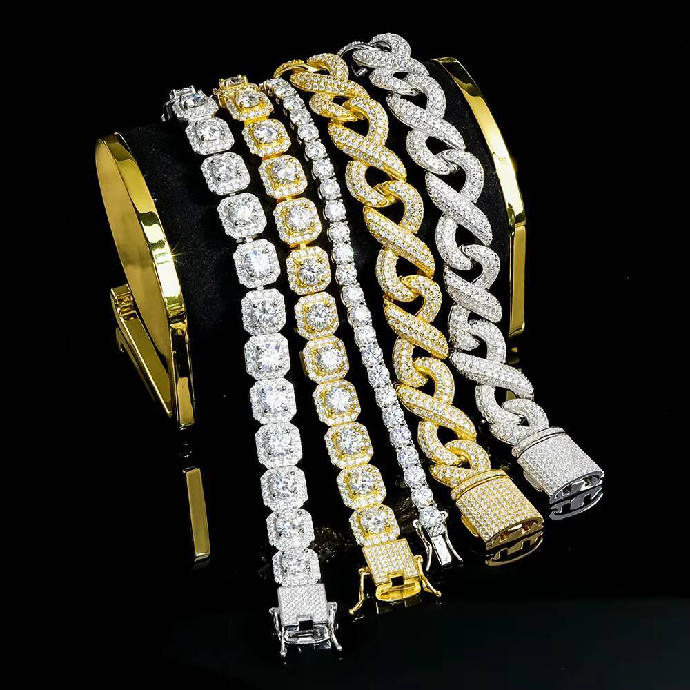 Hip Hop Jewelry Pass Diamond test Marquise square Cluster Moissanite Diamond 925 Sterling Silver Tennis Chain with Side Ice