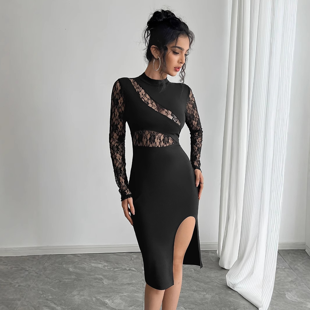 2025 New Women's S Dress European and American Autumn trend New Women's S Solid Color Comparison Lace Slimming Dress New Designer Dress