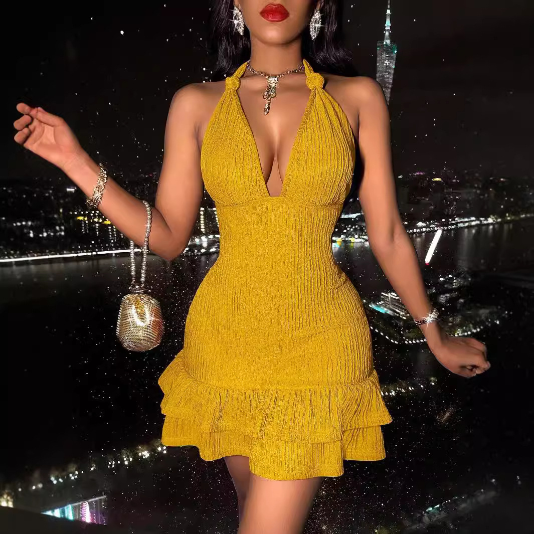 2025 summer new backless collar sexy fashion low cut slim fit solid color tight dress European and American style fashionable women's S dress new