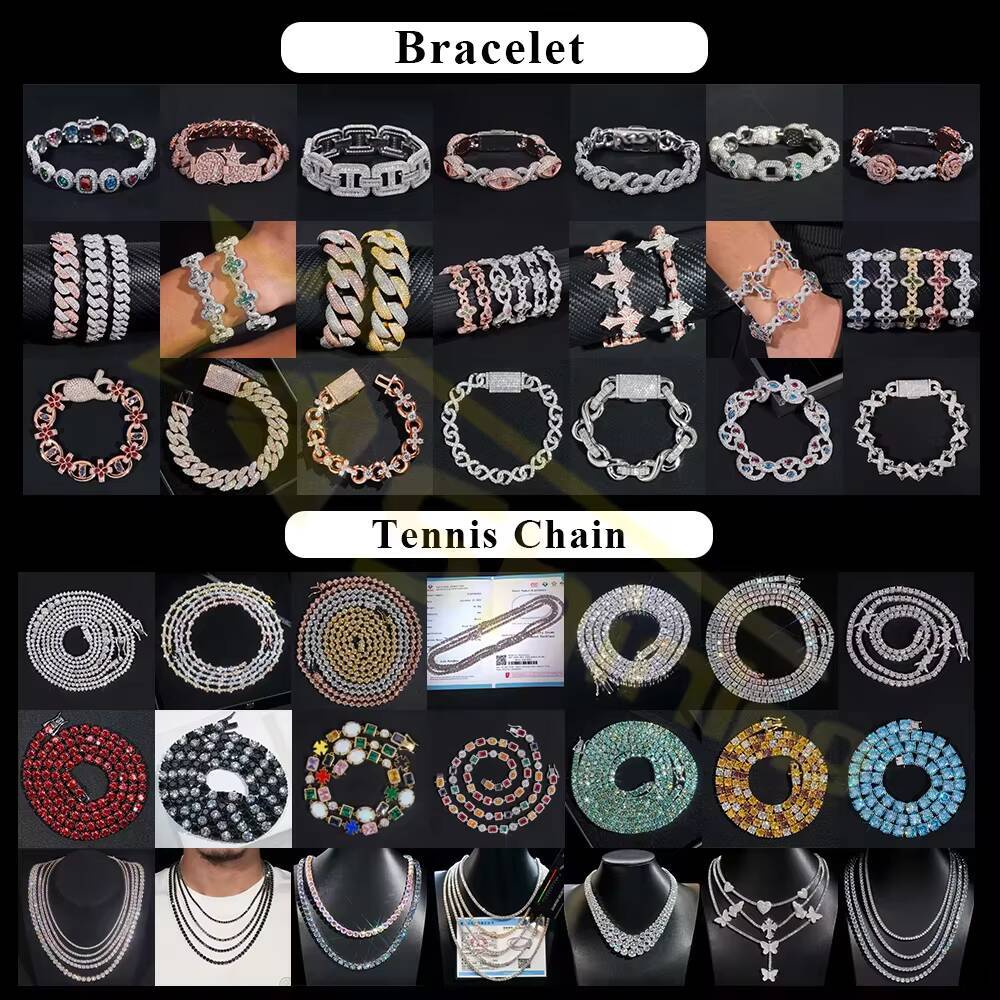 Ready Stocks High Fashion Pass Diamond Tester 5mm Dark Blue Green Moissanite Tennis Necklace Bracelet Hip Hop Jewelry