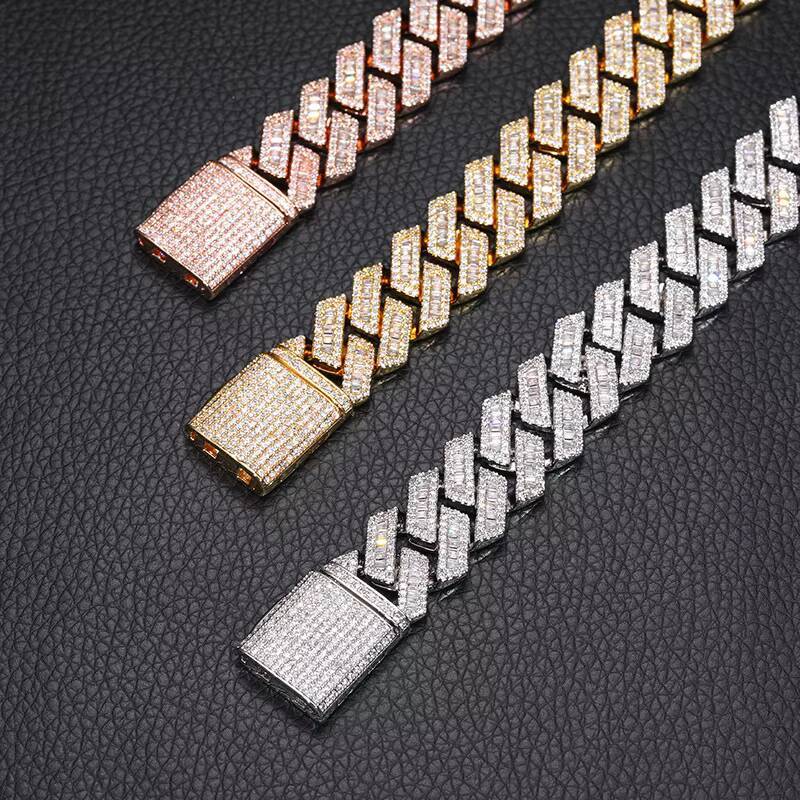New 16mm Rhombus Maimi Cuban Link Chain Mixed CZ Diamond Iced Out Hip Hop Necklace 18K Gold Plated Brass Factory Direct Supply