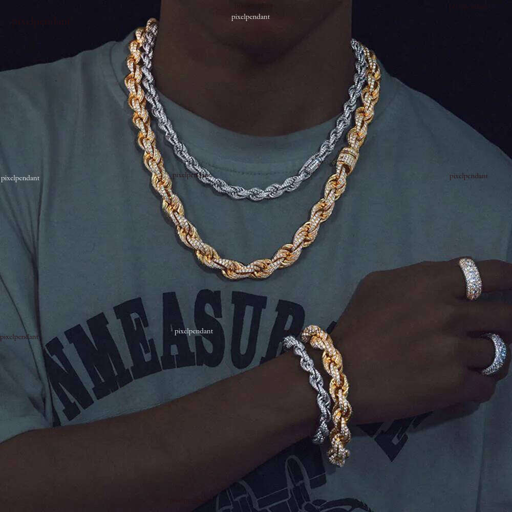 Pass Dia Tester 8mm-14mm Full VVS Moissanite Iced Out Rope Chain Sterling Sier Men Hip Hop Jewelry Twisted Necklace