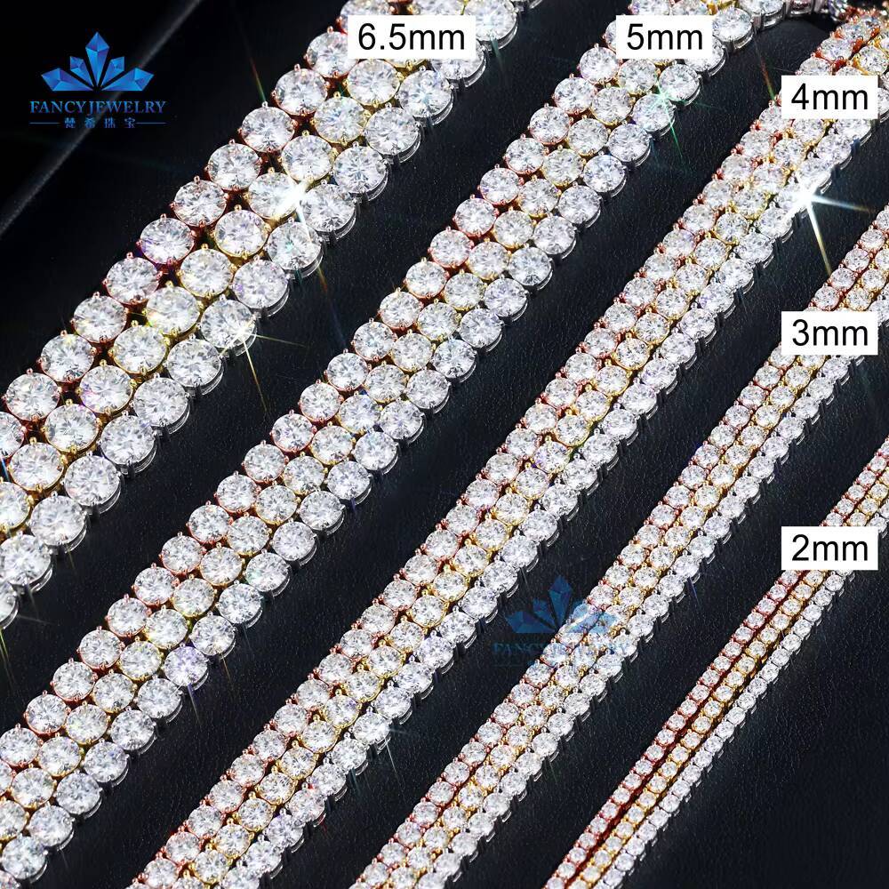 Ready to Ship 925 Sterling Silver Hip Hop Tennis Chain VVS Moissanite Tennis Necklace in 2mm 3mm 4mm 5mm 6.5mm Sizes