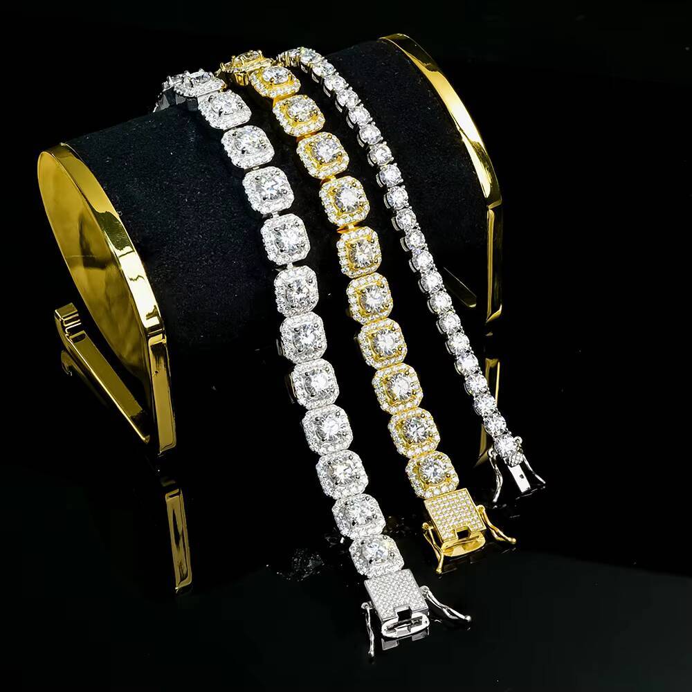 Hiphop Fine Jewelry Full Diamond Gold Plated Clustered Vvs Lab Grown Moissanite Tennis Cuban Chain Bracelet 925 Silver