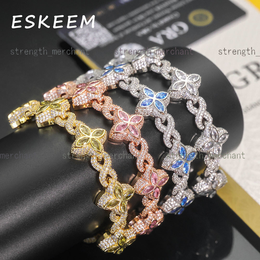 Hip Hop VVS Moissanite Cuban Bracelet 925 Sterling Silver Multi Color Flower Design Iced Out Chain Bracelet Jewelry for Women