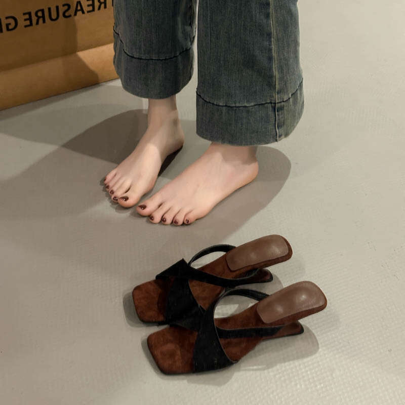 2025 Summer New Square Open Toe Wedge Heel Half Slippers Vacation Beach Roman One Strap Women's Sandals