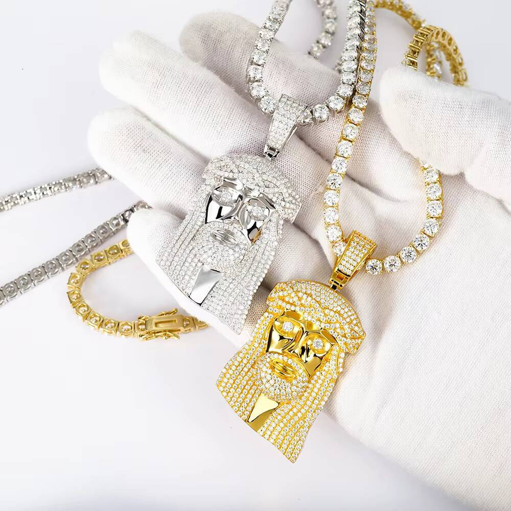 Iced GRA VVS Moissanite Jesus Christ Pendant and Tennis Chain Christian Hip Hop Bling 925 Silver Pendant for Men Jewelry