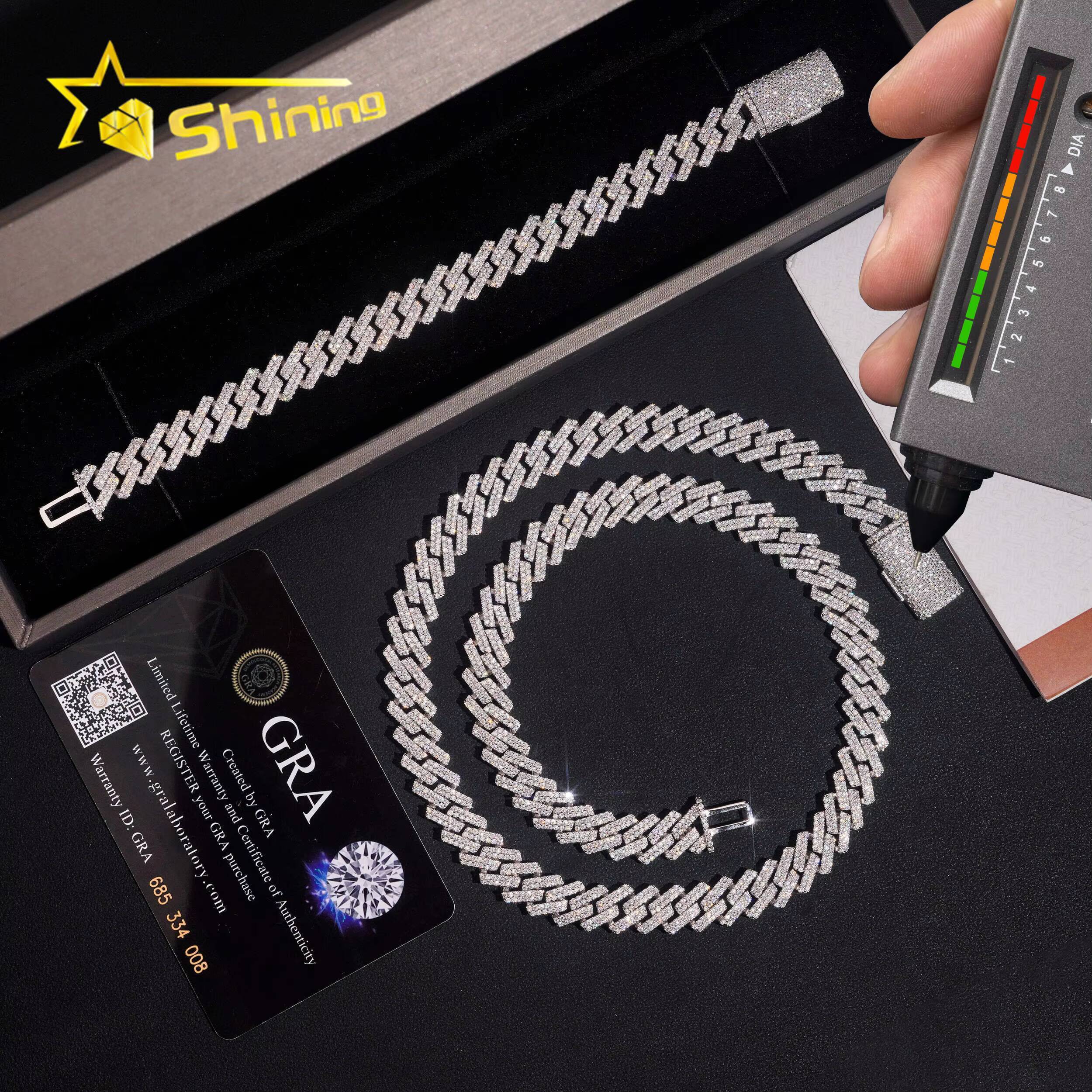 Popular Iced Out 10mm Width 2 Rows Moissanite Cuban Link Hip Hop Jewelry 925 Silver Necklace Custom Cuban Link Chain for Men