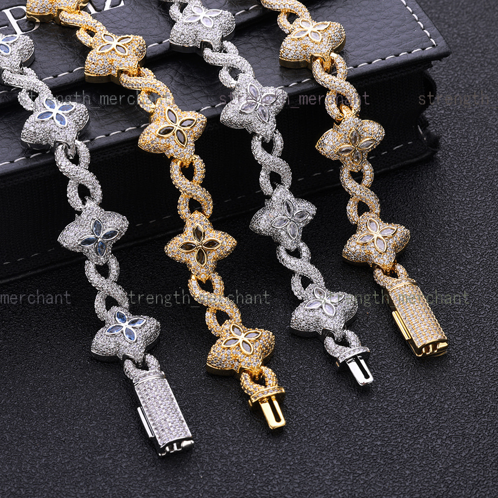 2025 Designer necklace Fancy Shape Brass Flower Iced Out Zircon Infinity Link Bracelet Hip Hop Color Gold Plated for Parties