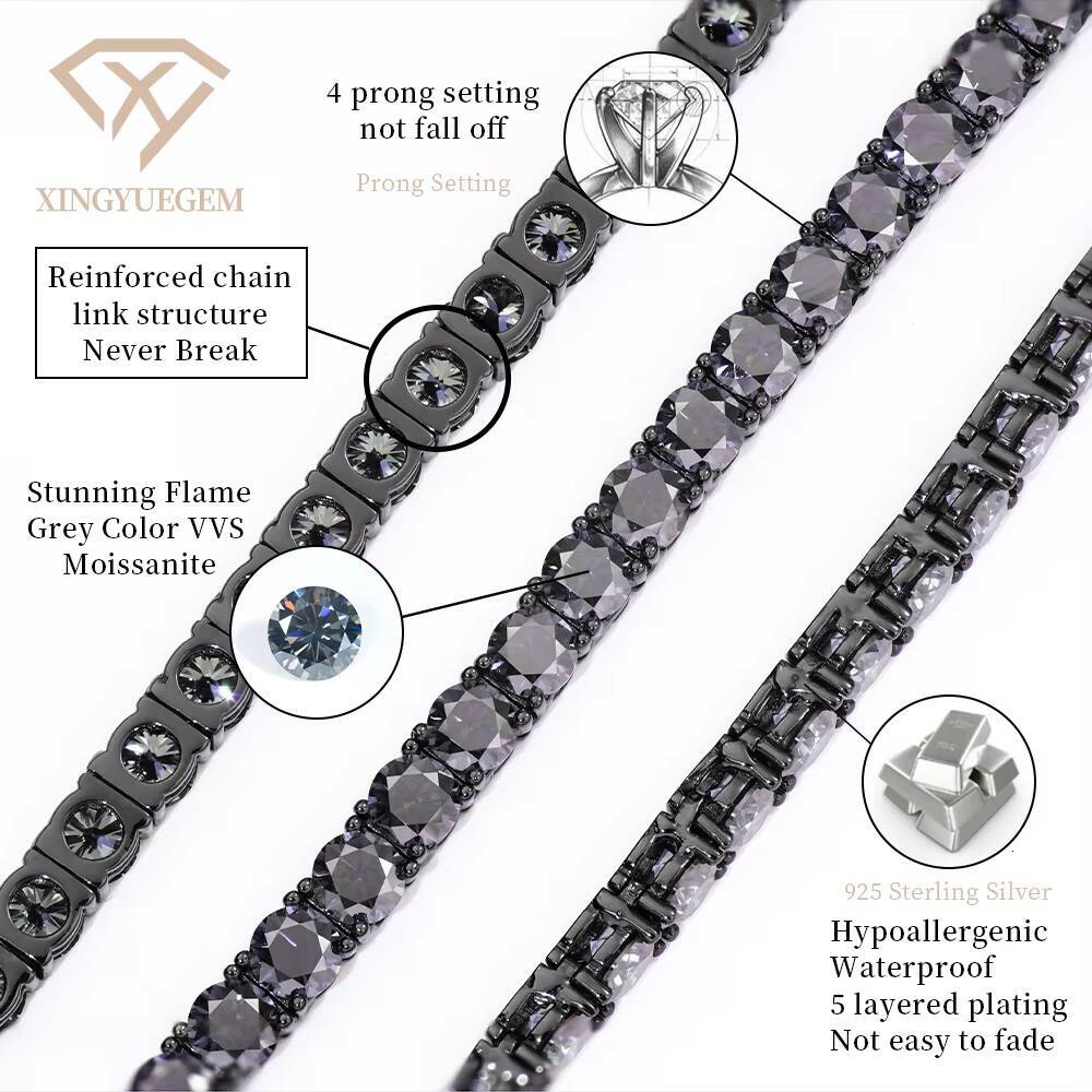 Custom Unisex Fine Jewelry 925 Sterling Silver Black Gold Plated Gra 4mm Grey Mossanite Moissanite Diamond Tennis Chain Necklace