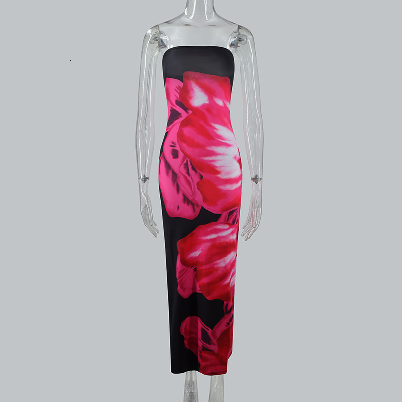 2025 summer fashion European and fashion American INS sexy style slim fit printed tube top split tight long skirt factory wholesale new designer dress