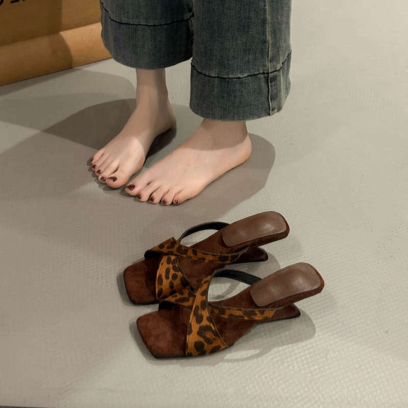 2025 Summer New Square Open Toe Wedge Heel Half Slippers Vacation Beach Roman One Strap Women's Sandals