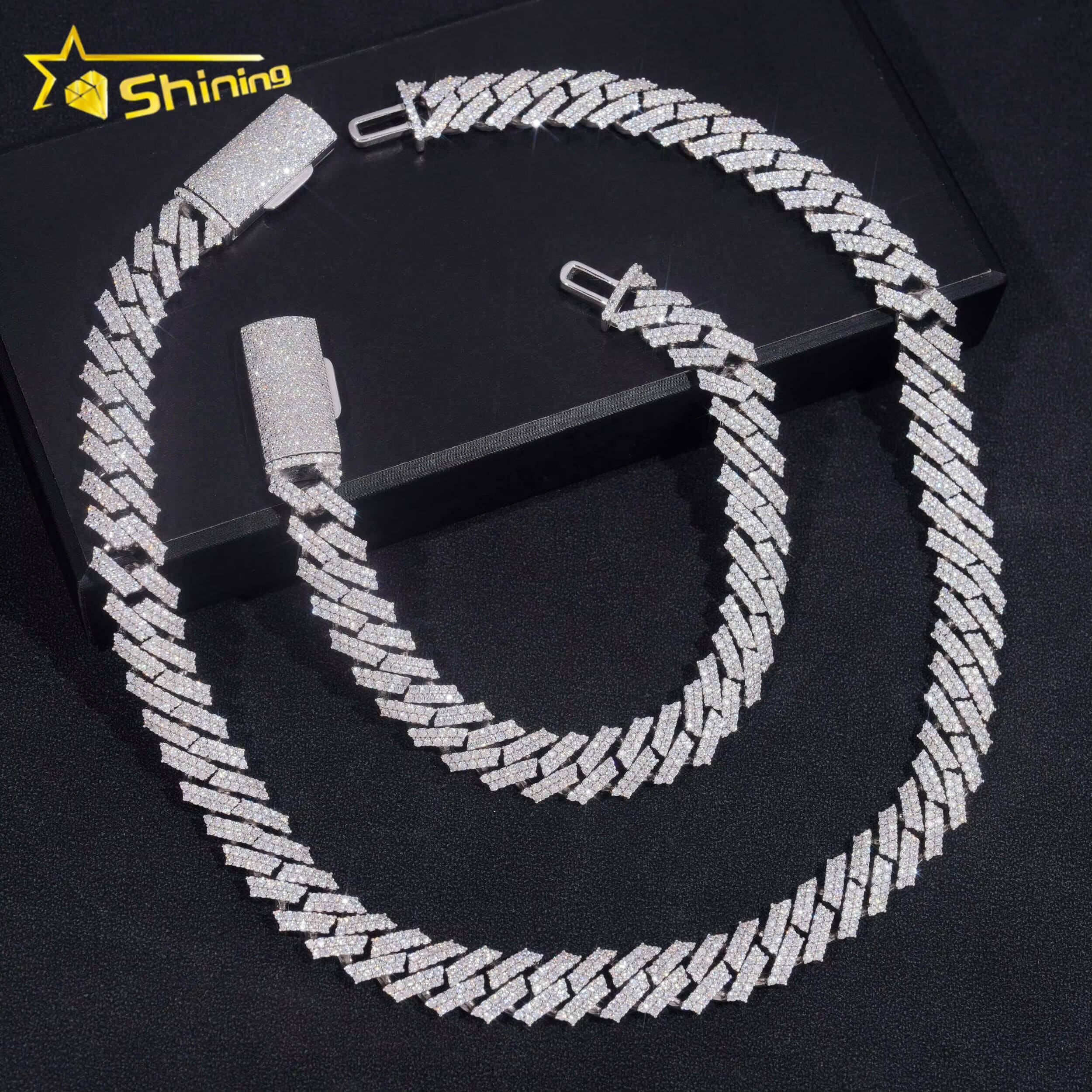 Pass Diamond Tester Hip Hop 925 Silver Two Row Straight Edge 12MM Moissanite Cuban Link Chain