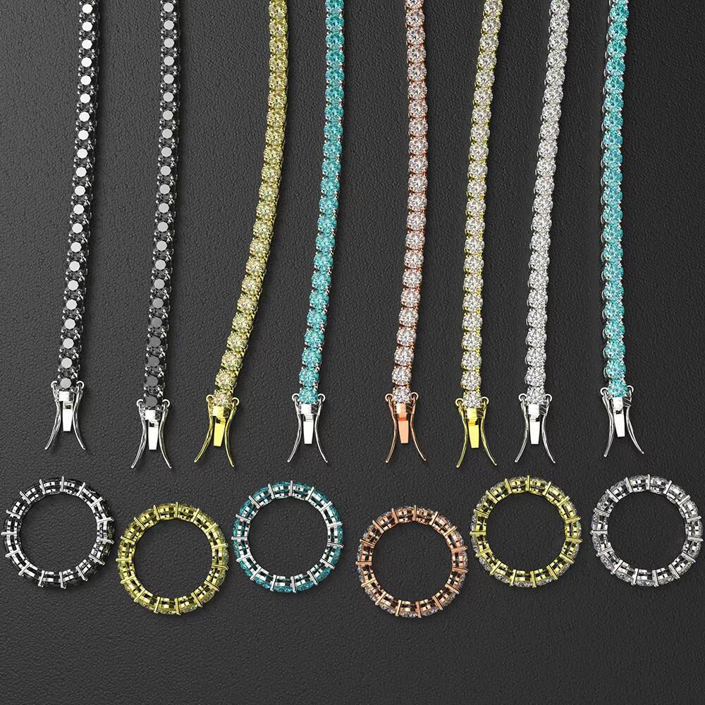 Hip Hop Ice Out 3mm 4mm 5mm 6mm Black Blue 925 Sterling Silver VVS Moissanite Diamond Tennis Bracelet Link Chain Necklace
