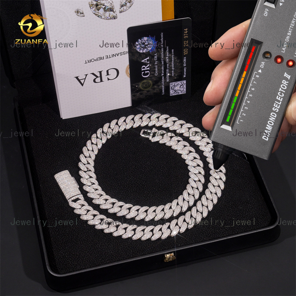 Popular 13mm Cuban Link Chain 925 Sterling Silver Gold Plated Gra Moissanite 3rows Iced Out Sparking Cuban Necklace