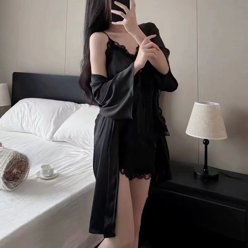 B999-Women's summer pajamas ice silk sexy lace suspenders with chest pads home clothes set thin