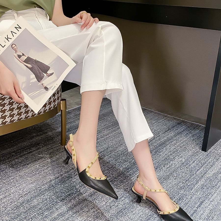 Free delivery designer sandals plus size Rivet for women with shallow mouth, thin heels, toe caps, pointed high heels