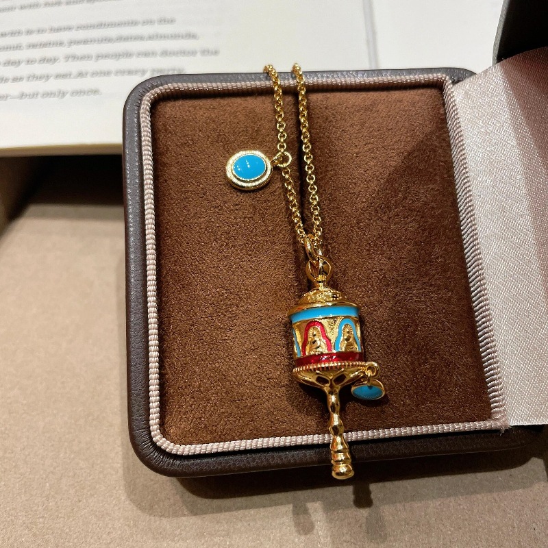 fashion temperament Versatile Handcrafted Brass Spinner Necklace Lapis Enamel Turquoise Accents