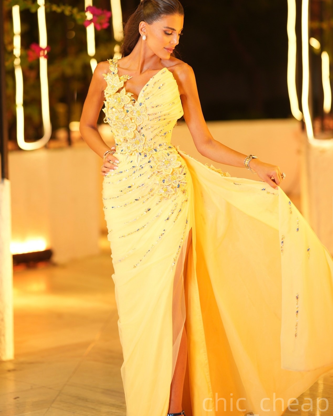 Sheath Yellow Evening Dresses Floral Lace Crystals Chiffon Prom Formal Party Second Birthday Engagement Gowns Plus Size Dress For Special Occasions