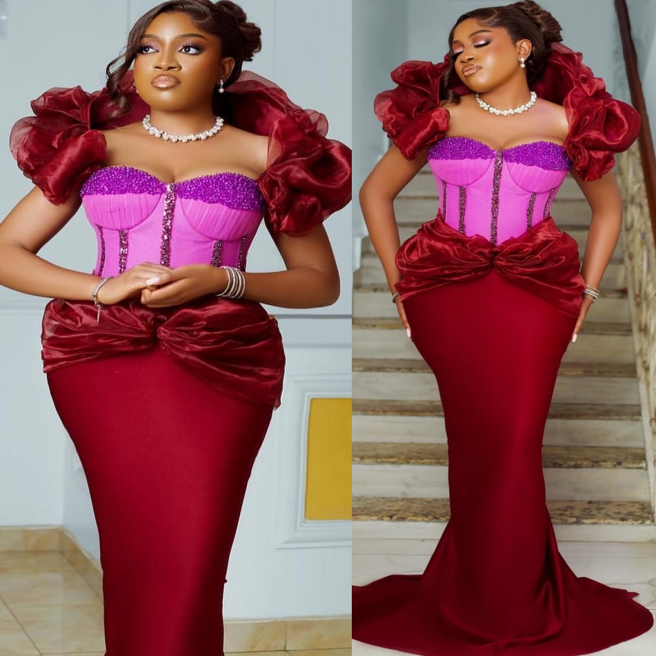 Dark Red Mermaid Prom Dresses 2025 Beaded Satin Portrait Evening Formal Party Second Birthday Engagement Gowns Plus Size Dress For Special Occasions Z
