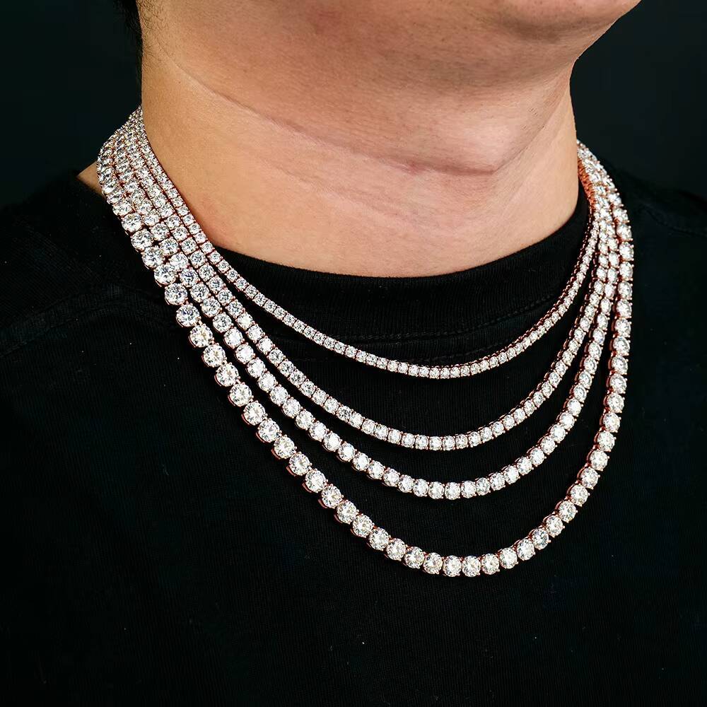 Custom Rose Gold Plated 3-6mm S925 Sterling Silver Moissanite Tennis Chain Necklace Trendy Link Style for Men Women Great Gift