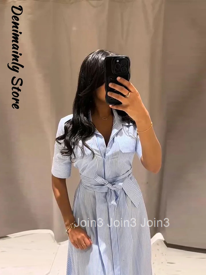 Casual Striped Women Summer Dress Lapel Single Breast Half Sleeve Slim Waist Long Dresses Autumn Lady Fashion Vacation Robe