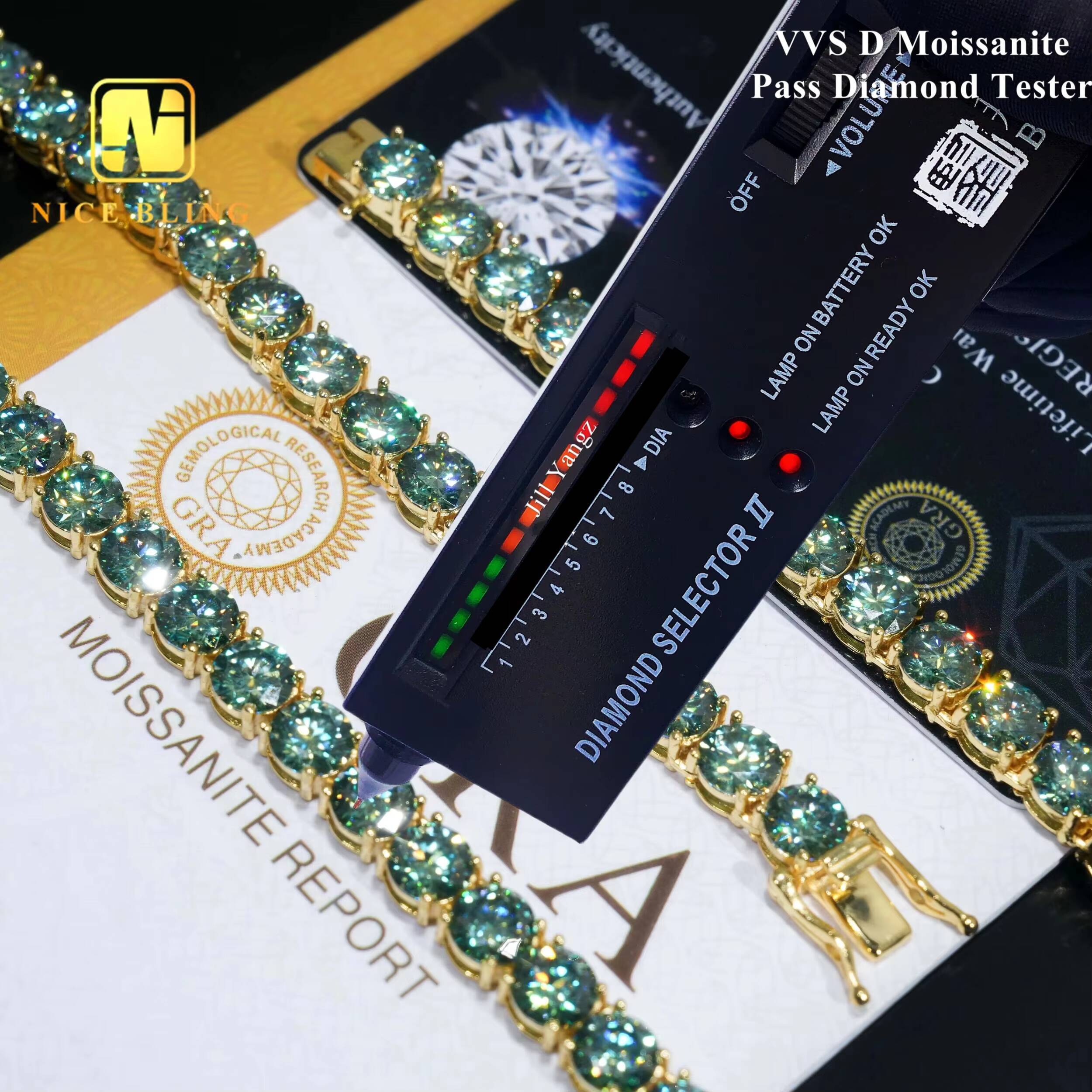 Ready Stocks High Fashion Pass Diamond Tester 5mm Dark Blue Green Moissanite Tennis Necklace Bracelet Hip Hop Jewelry
