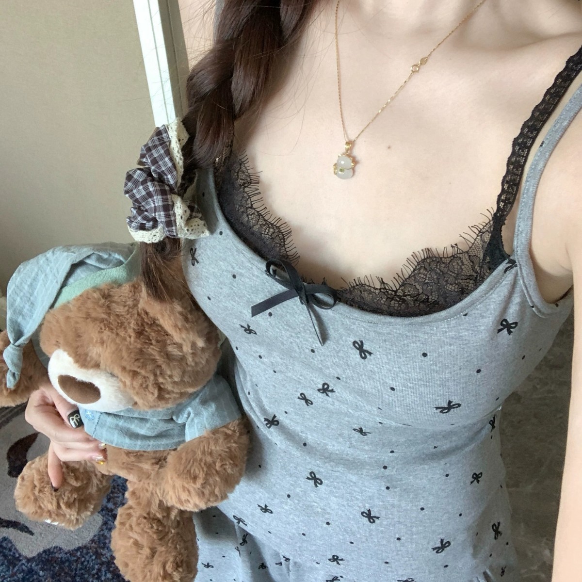Outfits For Woman High - quality cotton pajamas for women with built - in bra pads in summer The suspender style is pure and sweet with butterfly knot