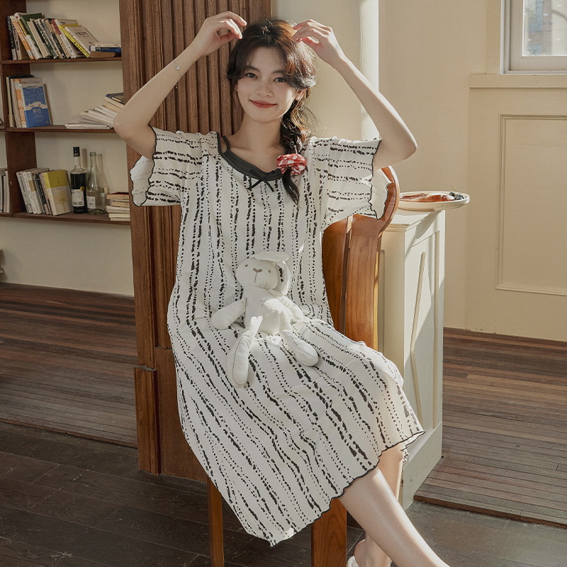 B998-New cool ice silk nightdress for women summer with chest pad short sleeves sweet cartoon mid-length pajamas skirt