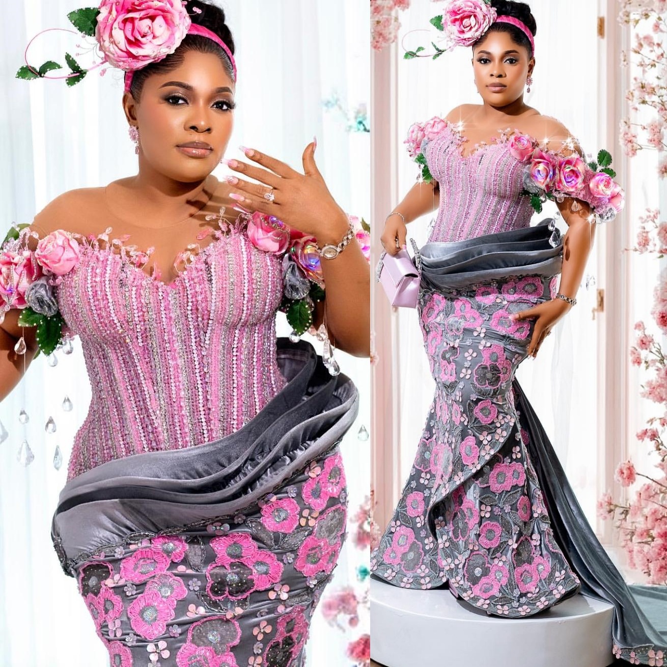 Pink Grey Mermaid Prom Dresses 2025 Flowers Crystals Beaded Evening Formal Party Second Birthday Engagement Gowns Plus Size Dress For Special Occasion
