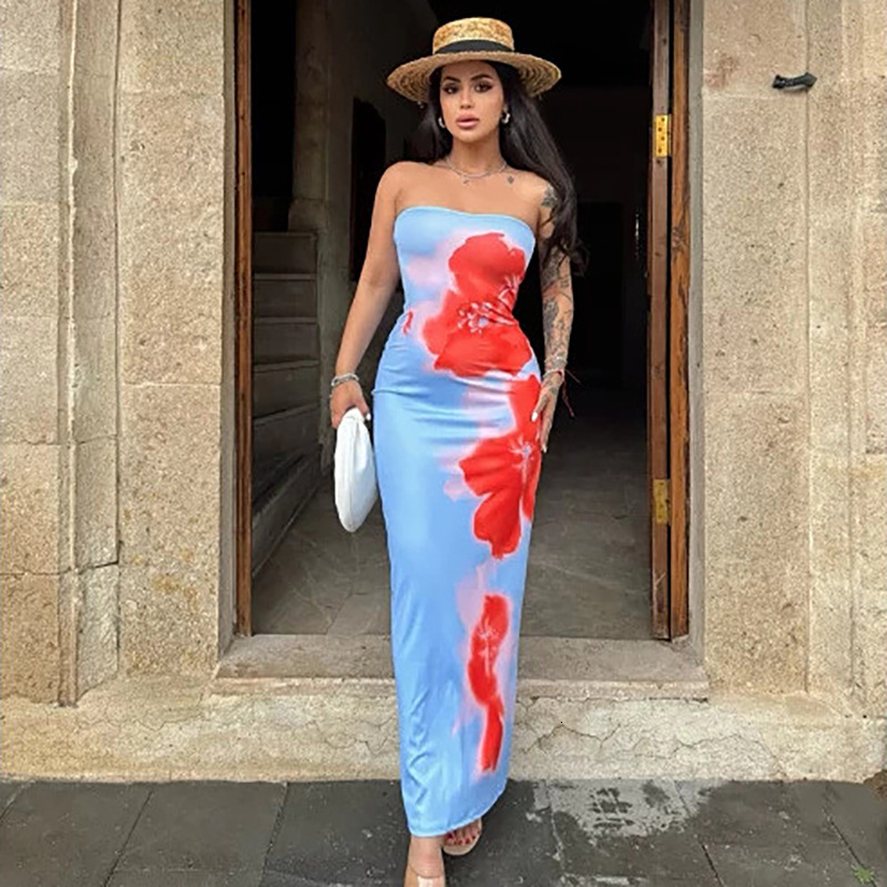 2025 summer fashion European and fashion American INS sexy style slim fit printed tube top split tight long skirt factory wholesale new designer dress