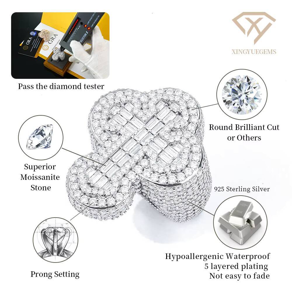 Iced Out Rose Gold Plated Simple Men Hiphop Mossanite Moissanite Cuban 925 Sterling Silver Cross Fine Jewelry Rings for Girls