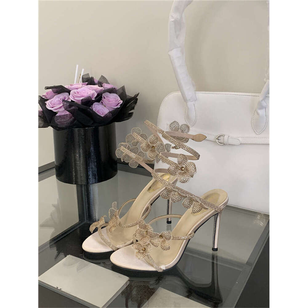 2025 Spring New Plus Size snake Elegant Sweet Stiletto Heels Women's Floral Rhinestone Open Toe Sandals Ankle Strap