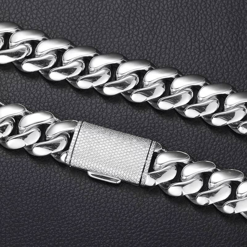 Wholesale Choker White Gold Plated Cuban Link Chain 10mm-25mm Heavy Solid Brass Miami Cuban Chains Bracelet Necklace for Men