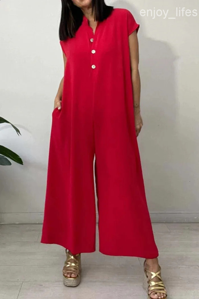 Cotton Linen Jumpsuit Rompers Women Casual Fashion Loose Beach Jumpsuits V-neck Long Sleeved Button Wide Leg Women Playsuit