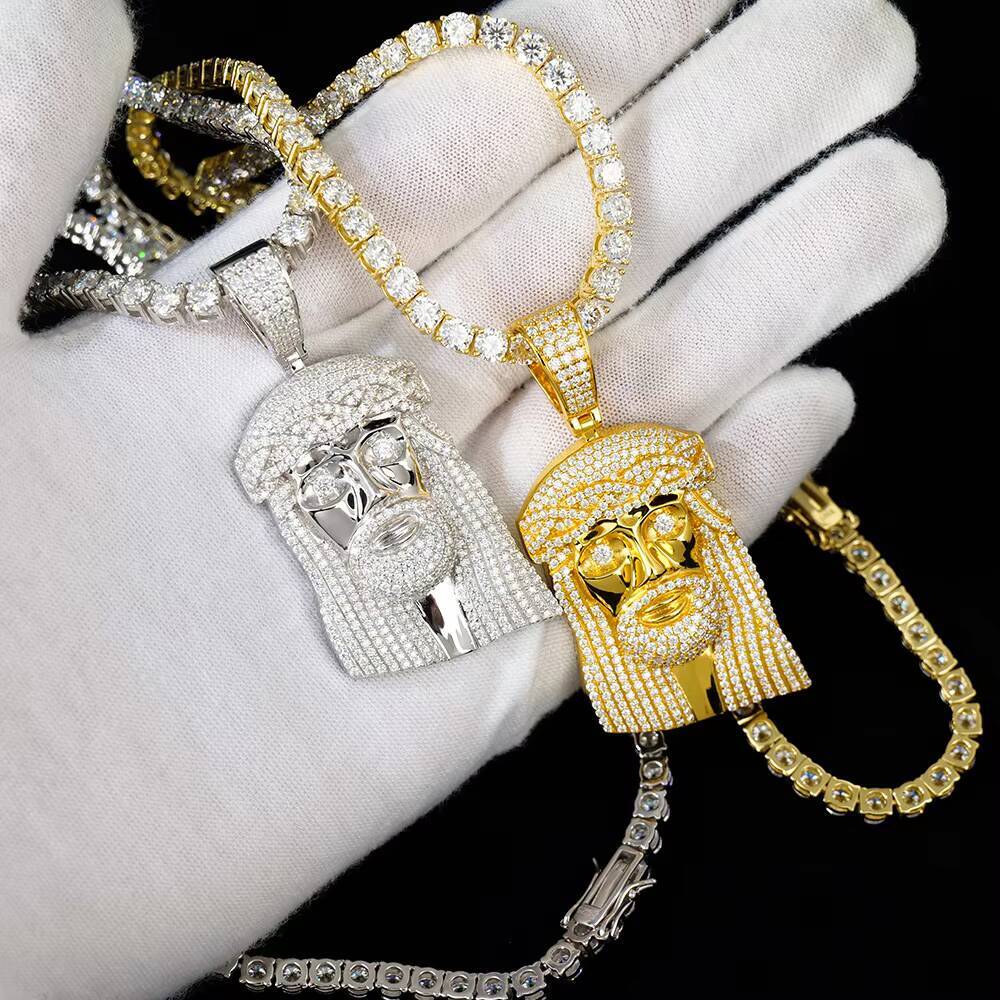 Custom Mens 925 Sterling Silver Jesus Pendant Hip Hop Style Rhodium Plated Ice Out Moissanite Chain Fine Pendants Charms