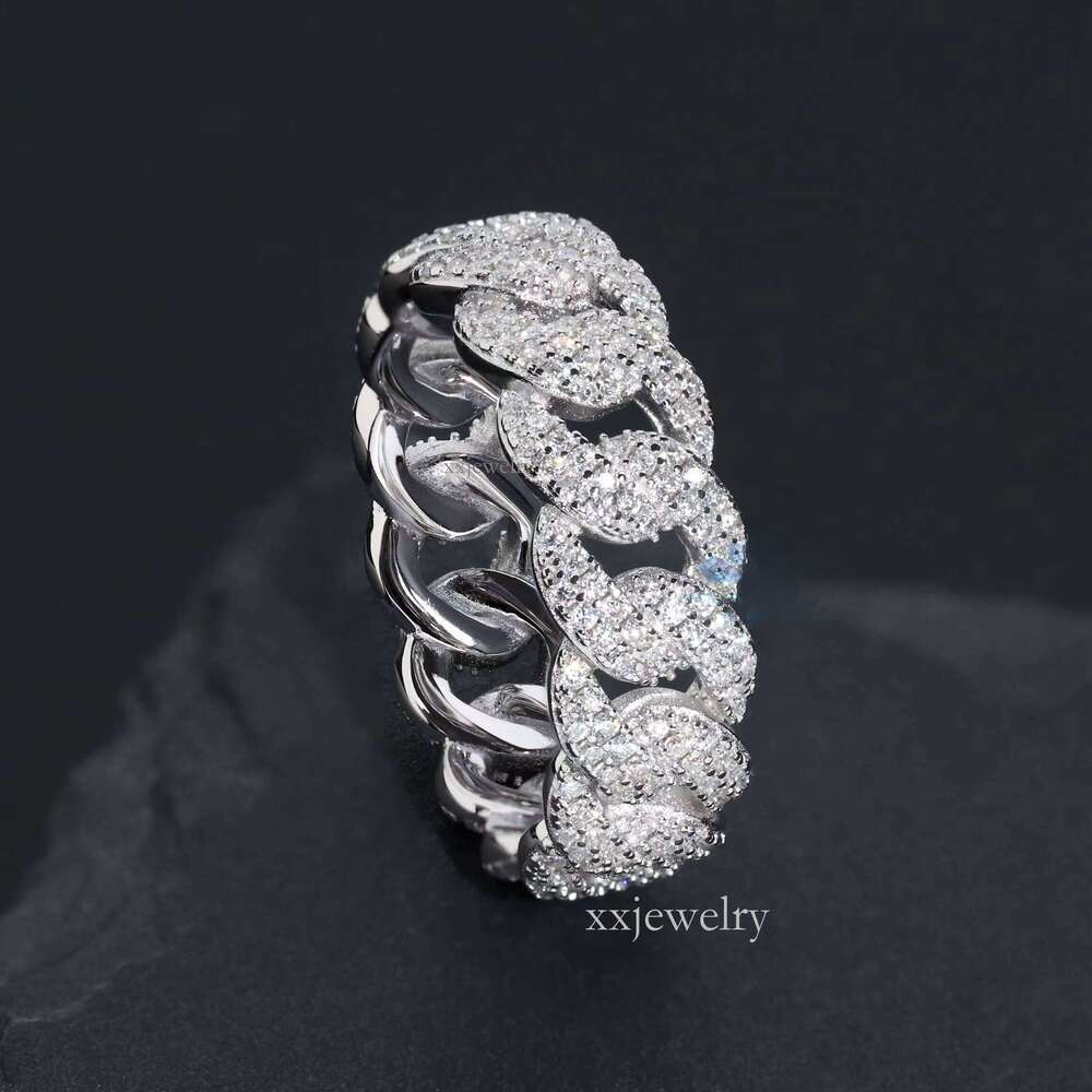 Top notch ring2 Row Cuban Chain Silicon Stone Iced Out Men's Ring Sterling Sier Rhodium Plated D Color Hip Hop Pearlescent Style Wedding Party