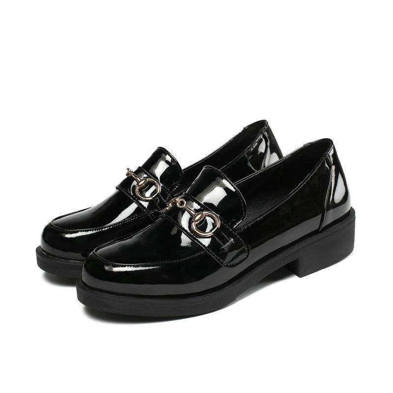 Glossy Patent Mary Jane Flats 3CM Chunky Heel School Shoes w/ Metal Chain Bow (Black) - Factory Direct