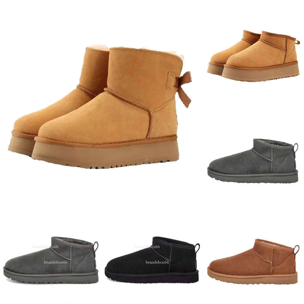 Top slipper platform Fur fluffy Designer boots Womens Australia Chesut Khaki Braid Comfy Booties winter Sheepskin short ultra mini mid and bowknot 1