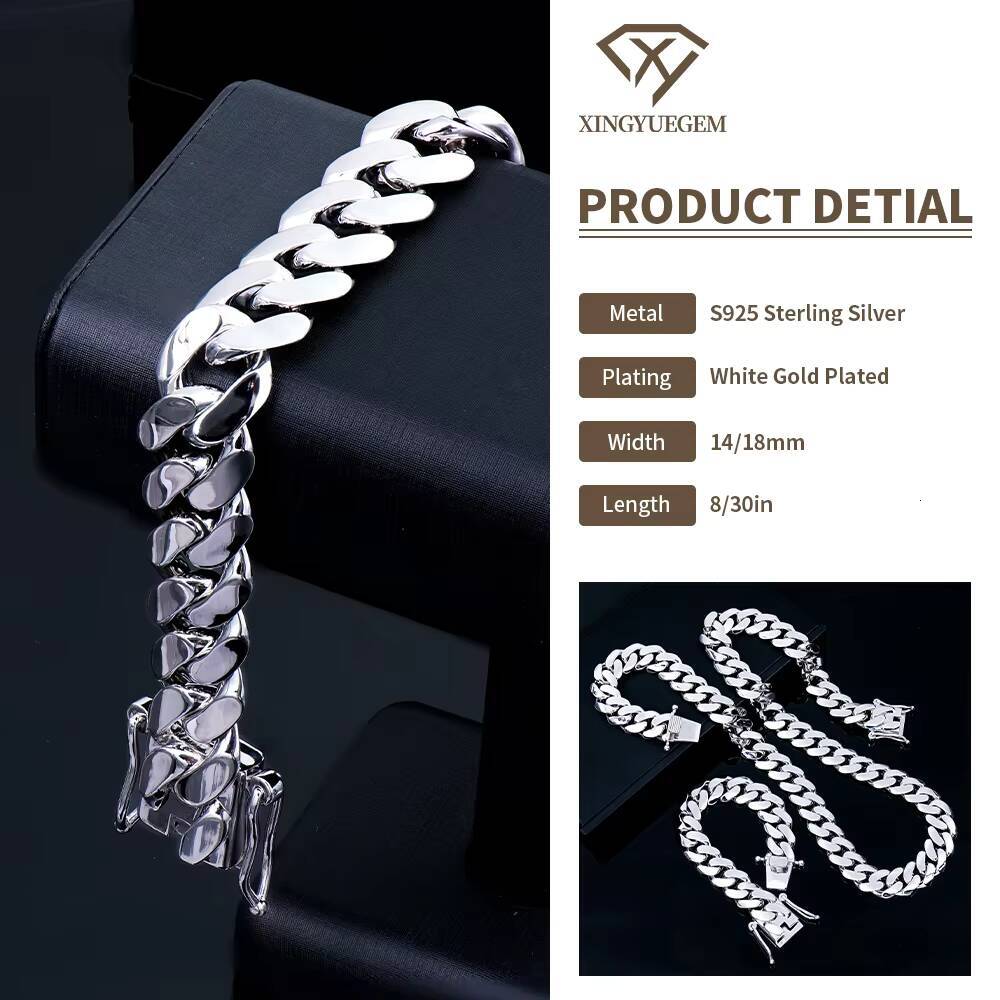 Custom Men Hiphop 18mm Diamond-Cut White Gold Plated 925 Sterling Silver High Polished Plain Cuban Bracelet Necklace Link Chain