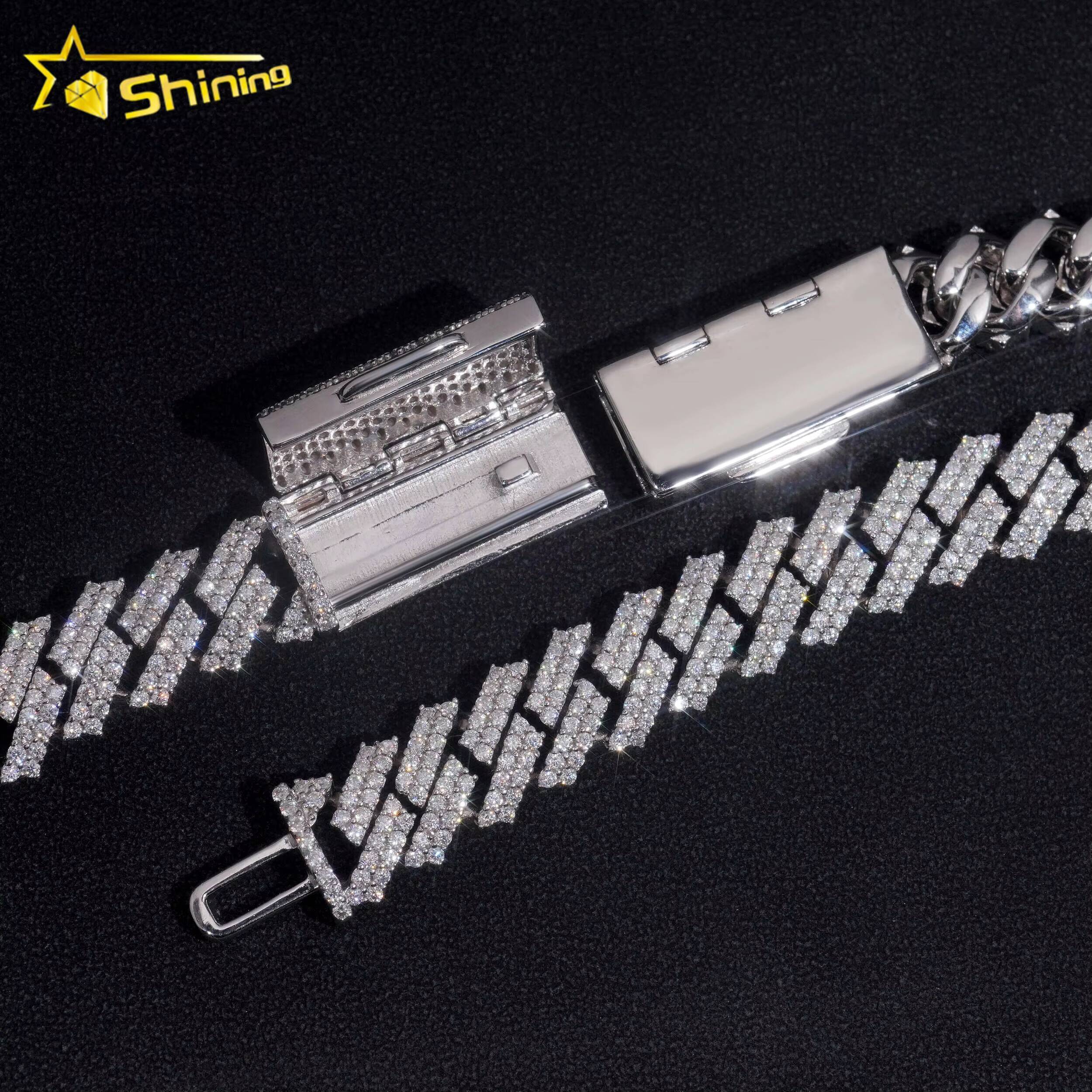 Pass Diamond Tester Hip Hop 925 Silver Two Row Straight Edge 12MM Moissanite Cuban Link Chain