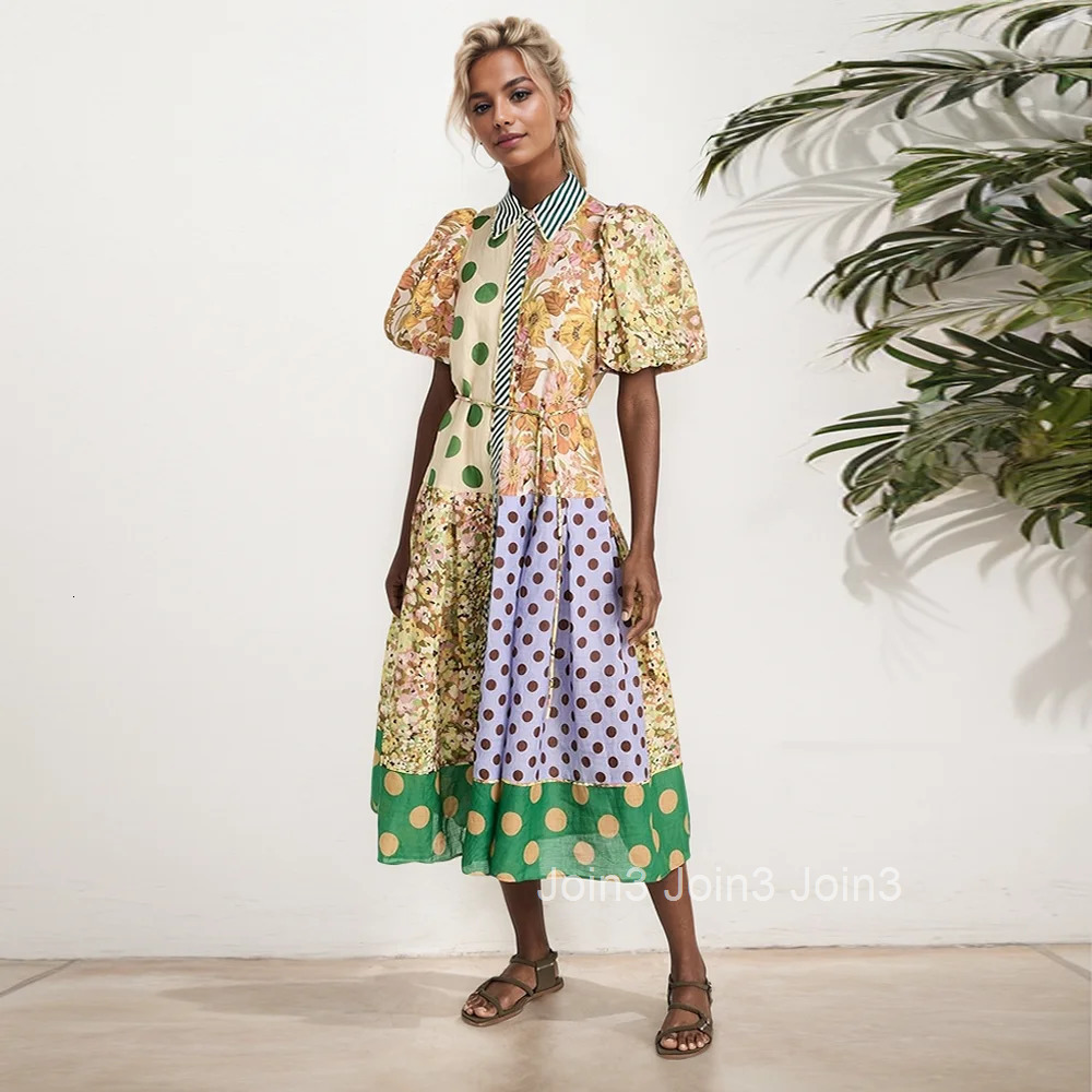 Turn-Down Lantern Sleeve Dress For Women Lace Up Single Breasted Dress Summer Casual Pattern Printed Patchwork Shirt Dresses