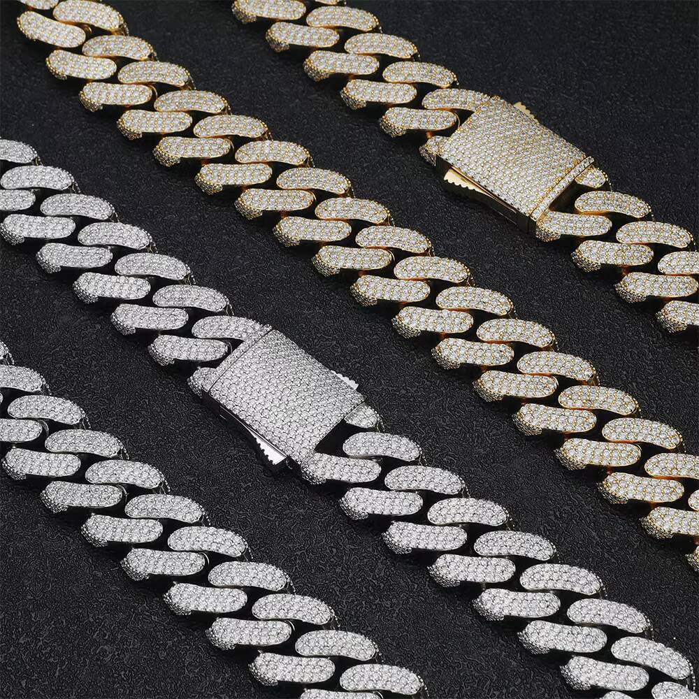 Most Popular Classic Design 18mm 925 Silver VVS Moissanite Iced Out Cuban Link Chains for Men Gold Plated Necklace
