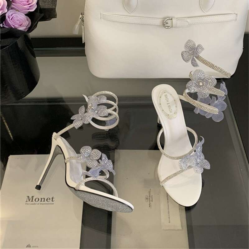 2025 Spring New Plus Size snake Elegant Sweet Stiletto Heels Women's Floral Rhinestone Open Toe Sandals Ankle Strap